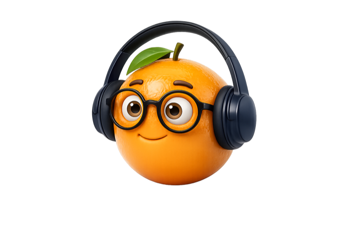 Study Fruits mascot — a friendly orange with headphones and glasses